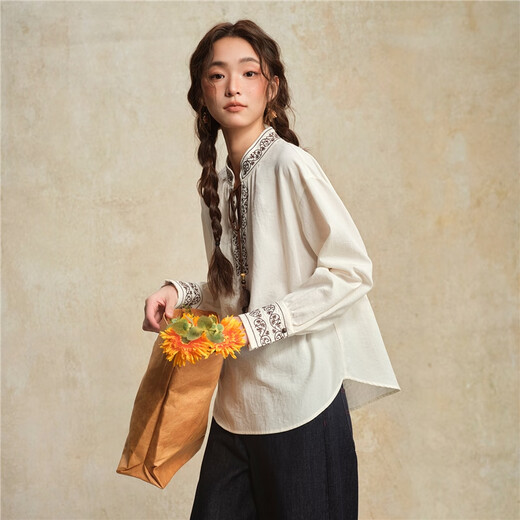 Giordano designer women's new Chinese style embroidered strappy stand collar loose long-sleeved shirt 18345828