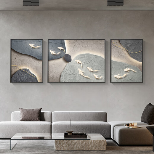 美优淳 九鱼图客厅装饰画侘寂风肌理沙发背景墙挂画简约高级感三联壁画 JD12173 左右40*60中80*60晶瓷金属黑框