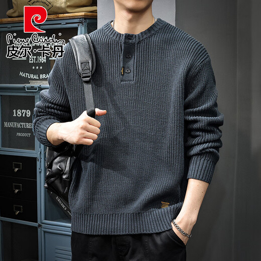 Pierre Cardin 2025 Autumn Sweater Men's American Retro Henley Collar Versatile Heavyweight Casual Sweater Autumn and Winter Jacket Black S Suitable Weight 95-105Jin Jin is equal to 0.5 kg