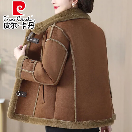 皮尔卡丹（pierre cardin）妈妈冬装加绒加厚皮毛一体短款外套女中老年女装羊羔鹿皮绒机车服 咖色 XL 建议90-110斤