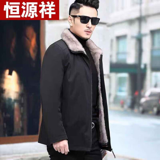 恒源祥品牌男装尼克服男貂皮整貂大衣翻领派克服中老年保暖短款皮毛一体 【卡其色内胆】-黑壳 M 100斤以下