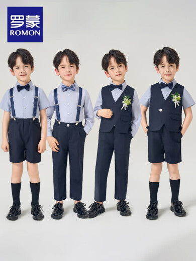 罗蒙儿童礼服男童西装套装英伦风男宝周岁生日宴会西服花童毕业演出服 马甲套系：马甲+长裤+白色短袖衬衫 【赠藏青领结】 130