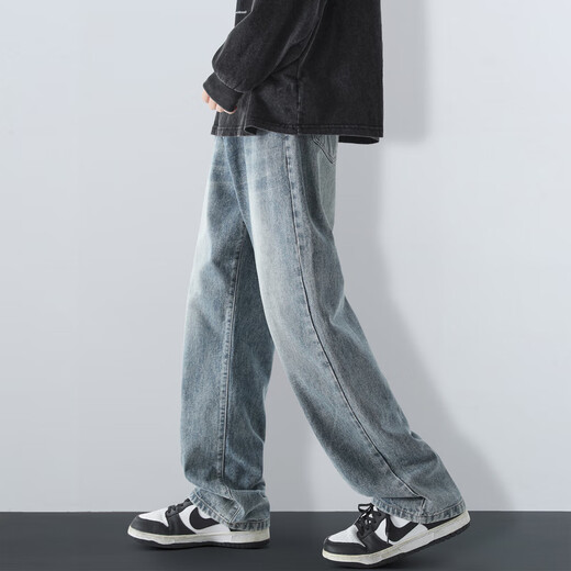 MAYBEYOND Jeans Men Summer Loose Casual Straight Pants Trendy American Pants Men MA73 Retro Blue 2XL