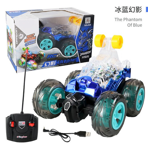Remote control dump truck stunt roll off-road vehicle rechargeable remote control car children's boy toy racing car deformation 18CM blue light + 6 music small gift box packaging rechargeable + 360 flip + drop resistance