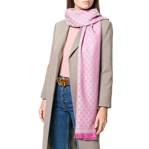 古驰（GUCCI）围巾 男女通用双G花纹图案双面用针织羊毛gucci围巾 玫粉色 411115 3G200 9272