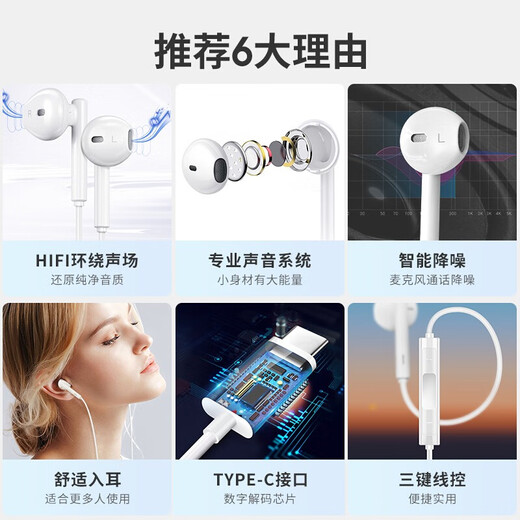 Honor (Honor) Honor Auriculares Wired Tipo-C Honor original 50/60/70/80/90GT/100Pro/Magic6/5/4/3/V2/X40/XI Los auriculares del teléfono móvil son adecuados para Huawei Honor AM33R