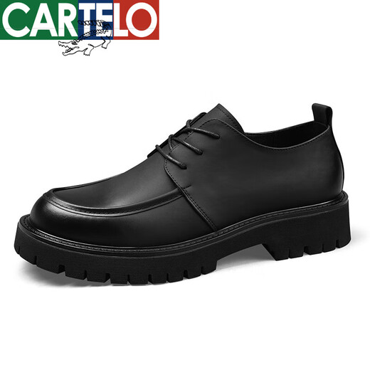 卡帝乐鳄鱼（CARTELO）皮鞋男秋季新款真皮商务正装英伦风男士休闲百搭厚底大头德比鞋子 黑色6623四季款 40 标准皮鞋码