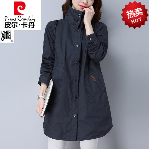 Pierre Cardin pure cotton windbreaker women's mid-length 2025 new middle-aged mother's wear large loose age-reducing style jacket for women spring and autumn navy blue XL (110-120Jin Jin equals 0.5 kg)
