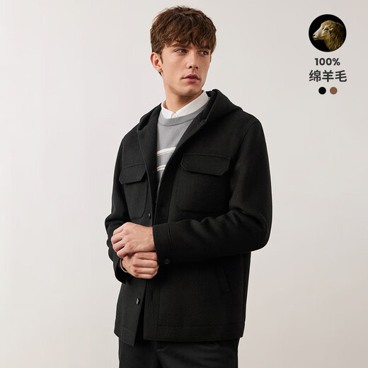 Navigare意大利小帆船纯羊毛呢大衣男秋冬季百搭保暖连帽外套休闲简约上衣 暗夜黑 M 码
