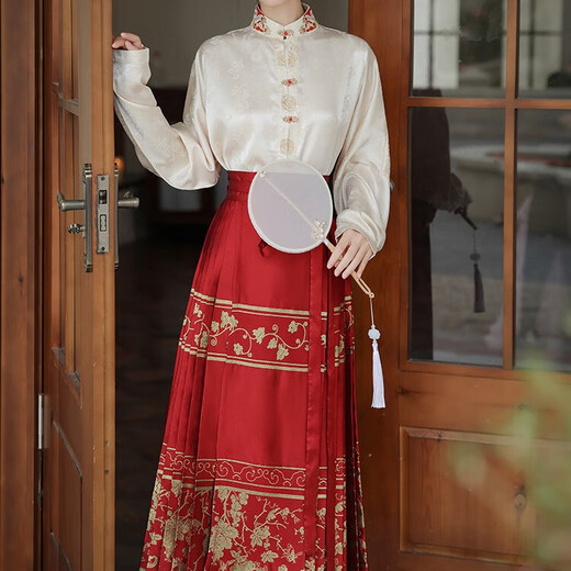 闻莺燕秋季汉服成人女织金红色马面裙全套小个子重工缎面提花衬衫套装 908杏色刺绣上衣+6221红色马面裙 M （建议体重105-120斤）