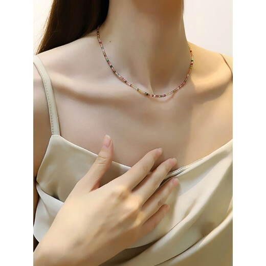 Fat Donglai's same style tourmaline necklace genuine natural rainbow beaded women's 925 silver clavicle chain first-class tourmaline necklace