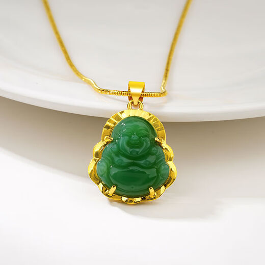 Libiao 18k gold Maitreya Buddha chalcedony jade pendant necklace Vietnamese sand gold and Hetian jade gold inlaid jade pendant for girlfriend Green Buddha pendant + box necklace