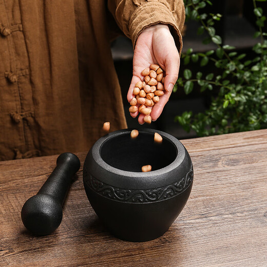 Yiyuanxuan household natural black gold garlic mortar, stone mortar, medicine jar, stone cup, garlic pounder, mashing Wo Leibo pepper, Lianlian fish outer diameter 13CM
