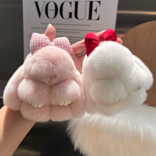 Tucker is suitable for cute real rex rabbit fur bow little rabbit car keychain pendant ins plush doll school bag rouge light pink