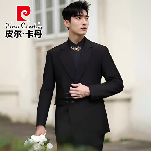 Pierre Cardin New Chinese Mao Suit Engagement Groom Suit Men's New National Style Wedding Dress Suit Men's Knitted Black Single Piece Top XL