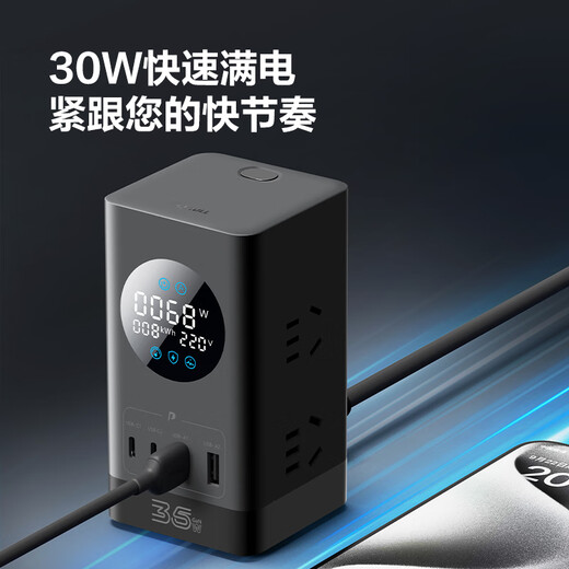 公牛（BULL）智能数显屏幕电竞氮化镓总输出35W快充小电舱立式插座/USB桌面笔记本插线板插排 2C2A+6孔总控开关