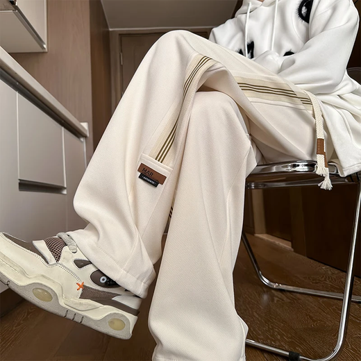 Katuchi American style velvet thickened striped casual pants for men in autumn and winter loose trendy straight wide-leg sports sanitary trousers beige-velvet XL recommended 130-150Jin Jin equals 0.5 kg