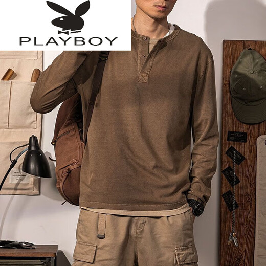 Playboy (PLAYBOY) tough guy T-shirt for young and middle-aged men, autumn and winter retro henley shirt, washed and distressed long-sleeved solid color coffee bottoming shirt, coffee, light M, reference 110~137Jin Jin is equal to 0.5 kg
