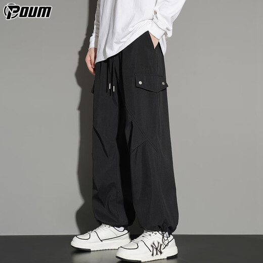 POUM美式直筒工装裤子男士夏薄款潮流宽松运动速干阔腿裤YM15黑色XL