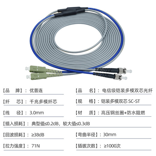 UPlian Gigabit rat-proof armored multimode fiber jumper lc-lc duplex pigtail LC-SC-FC-ST with steel ring tail cable anti-bending jumping Armored multimode double core SC-ST 15 meters
