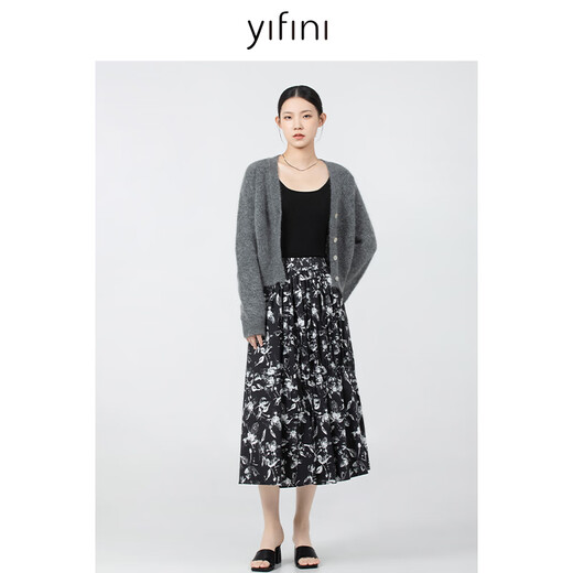 易菲（YIFINI）中国风水墨印花半身裙女春秋新款中长款A字裙国潮B09Q3937 黑色植物印花 S