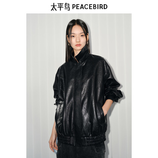 Peacebird black imitation hand rub oil wax leather PU leather jacket for women 2025 spring new fashionable loose jacket black S 155