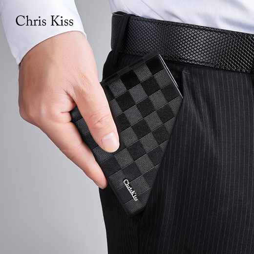 CHRIS KISS男士钱包男真皮短款皮夹时尚钱夹高档实用生日礼物送男友老公爸爸 格纹/专柜礼盒/头层牛皮