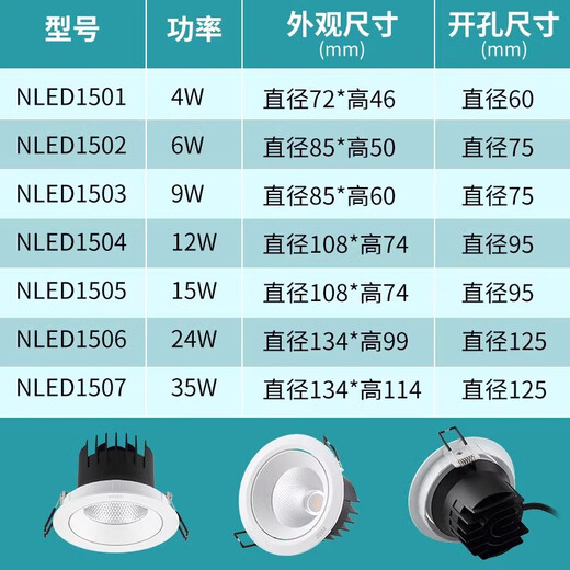 Les Lighting Les LED spotlight COB recessed ceiling lamp high power 1502 1503 1504 1506 1507 spotlight Les 1504-12W opening 9.5cm white light 5700K