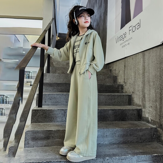 Baleinna Korean Girl Sweatshirt Set Spring and Autumn 2025 New Fashionable Children's Sports Leisure Pants Street Big Children's Three-Piece Set Green (Vest + Jacket + Pants) 160cm
