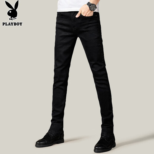 花花公子（PLAYBOY）黑色牛仔裤男士夏季新款潮流休闲韩版修身小脚长裤弹力商务裤子男 黑色 X-3071HH902 33