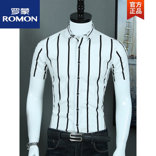 罗蒙（ROMON）棉黑白条纹衬衫男短袖夏薄粗条休闲衬衣竖条纹青年修身 CZLX5009D S 38