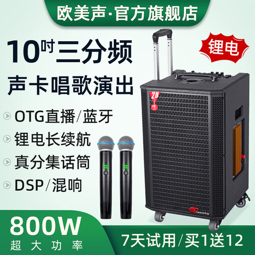 European and American high-end outdoor K-song dedicated sound card audio all-in-one machine professional singer live broadcast home KTV square dance performance high-power mobile trolley Bluetooth speaker with microphone A1 10-inch subwoofer 800W 2* headset + gift package
