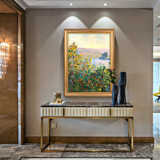 帝旗莫奈世界名画 维特依花岛 手绘油画风景画玄关装饰画饭厅餐厅挂画 692金实木框 60X80