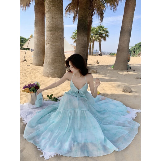 Yiou Purple Mint Green V-Neck Hanging Neck Sling Long Robe Summer Dopamine Seaside Vacation Fairy Jupe 9755 Picture Couleur L