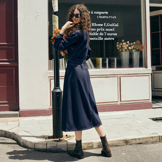Olrain Prussian blue denim dress for women's spring clothes new waist-hugging embroidered age-reducing skirt denim blue L