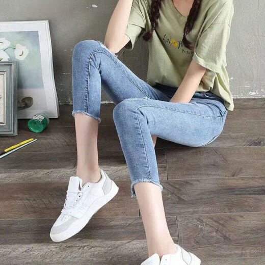 莫代尔2025春夏女装新款破洞小脚牛仔裤女八分韩版修身显瘦时尚 691深蓝色七分 30 [2尺3]建议120-130斤