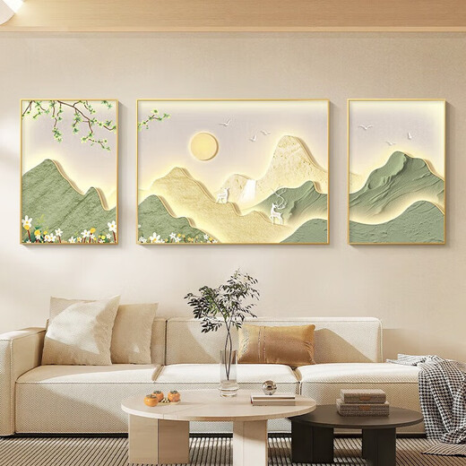 北欧日照金山客厅装饰画奶油风高级感风景山水画沙发背景墙挂画 K12529 左右40*60中80*60晶瓷金属