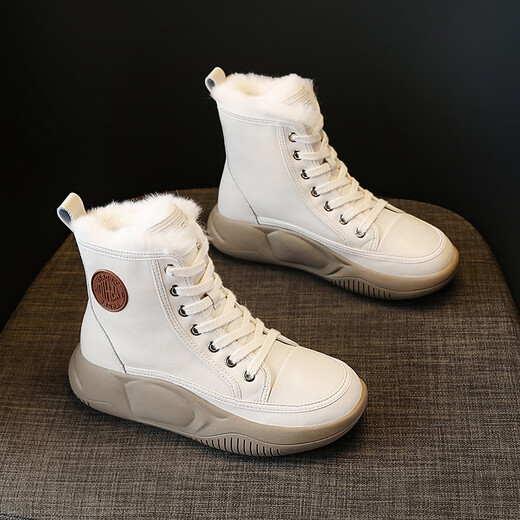 Belle genuine leather snow boots for women with thick velvet, new autumn and winter warm beige thick sole high top white thick velvet 37