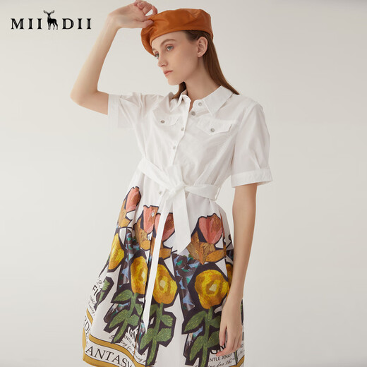 
Answer to the mystery retro printed dress 2024 summer new lapel strap waist-hugging mid-length skirt short sleeves 246ML7027 bright white L