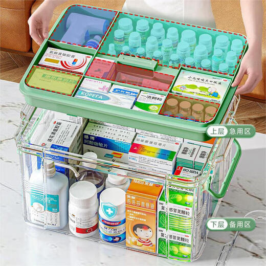 EACHY medicine box household medicine box transparent plastic storage box green extra large two-layer
