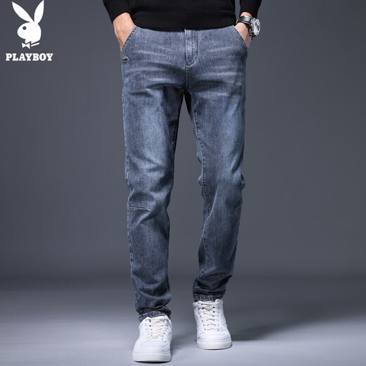 Playboy (PLAYBOY) jeans men's trendy autumn and winter casual pants men's loose business straight versatile trousers blue gray 33