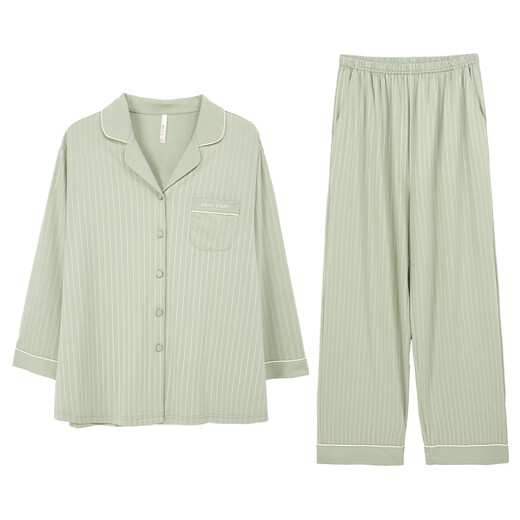 Anzhiban Super Soft Couple Pajamas Spring Skin Friendly Stretch Cotton Casual Striped Women's Home Clothes Set Can Be Weared Outside Grass Green (Female) L