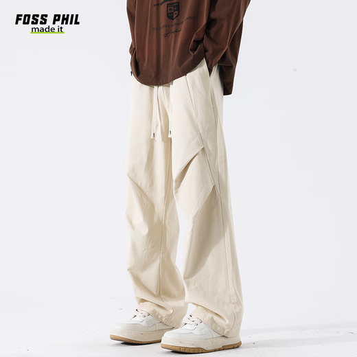 Foss Phil spring and summer pure cotton workwear casual pants men's loose wide-leg breathable paratrooper charge pants FPK27 beige white L
