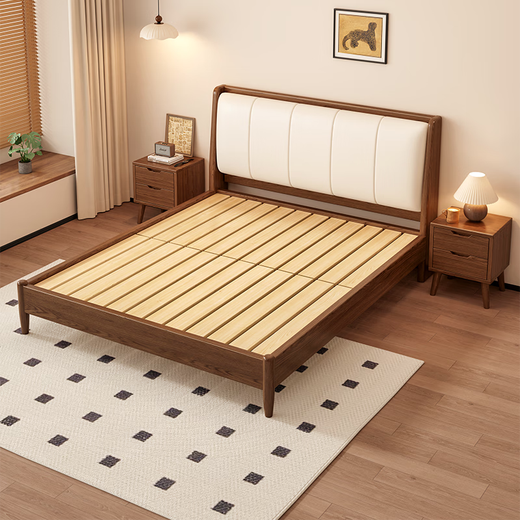 Luo Yani Jingcang Suda solid wood bed 1.8m x 2m with soft upholstered double bed master bedroom 1.5m light luxury single bed walnut color upholstered bed 1.8m x 2m