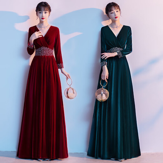 Su Lai Traje de anfitriona de boda china Falda larga de manga larga Vestido de conductor de escenario Reunión anual de terciopelo dorado Traje de recitación de canciones rojas 113 burdeos 4XL