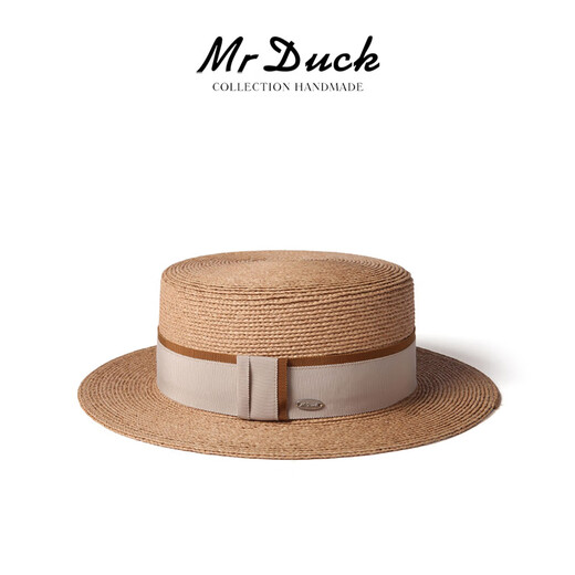 Mr Duck rétro français romance importée Raffia Chapeau plate plat pour les femmes Protection solaire élégante top chapeau femmes Big Head MS46393-Light Brown / Michi Double-Piece Webbing L (57-58cm)
