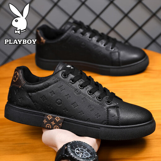 Playboy men's shoes 2025 autumn and winter new casual shoes men's high-end sneakers plus velvet business British leather shoes for men black 41