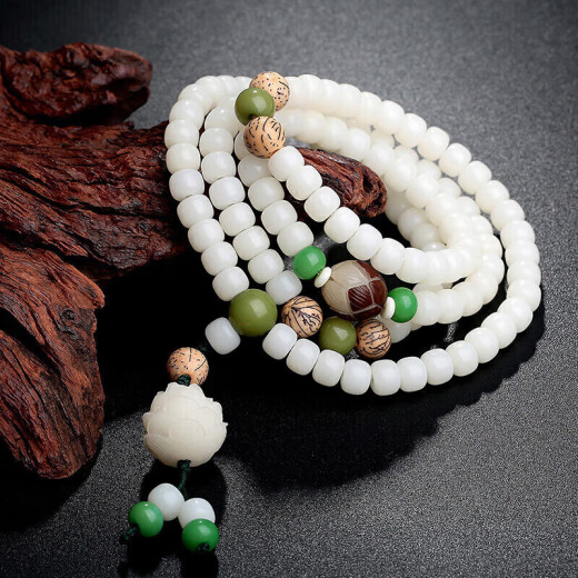 Shi Yue Jewelry Burmese White Jade Bodhi Root Wood Bracelet Lotus Wenwan 108 Buddha Rosary Beads Necklace for Men and Women 8x6mm