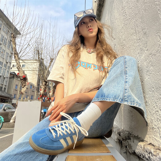 Adidas ORIGINALS HANDBALL SPZL non-slip wear-resistant lightweight low-cut men's and women's sports and leisure sneakers IG6194 blue and white 38.5 (235mm)