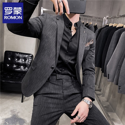 Luo Meng Summer Thin Handsome Striped Small Suit Men's Suit Korean Slim Casual Suit Jacket Groom Wedding Dress Striped Dark Gray One Piece Suit S